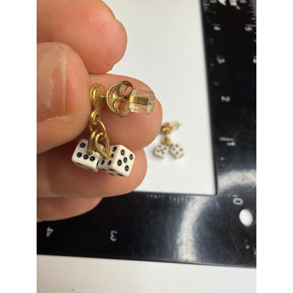 Gold Tone Double Dice Drop Earrings White Novelty Gambling Studs